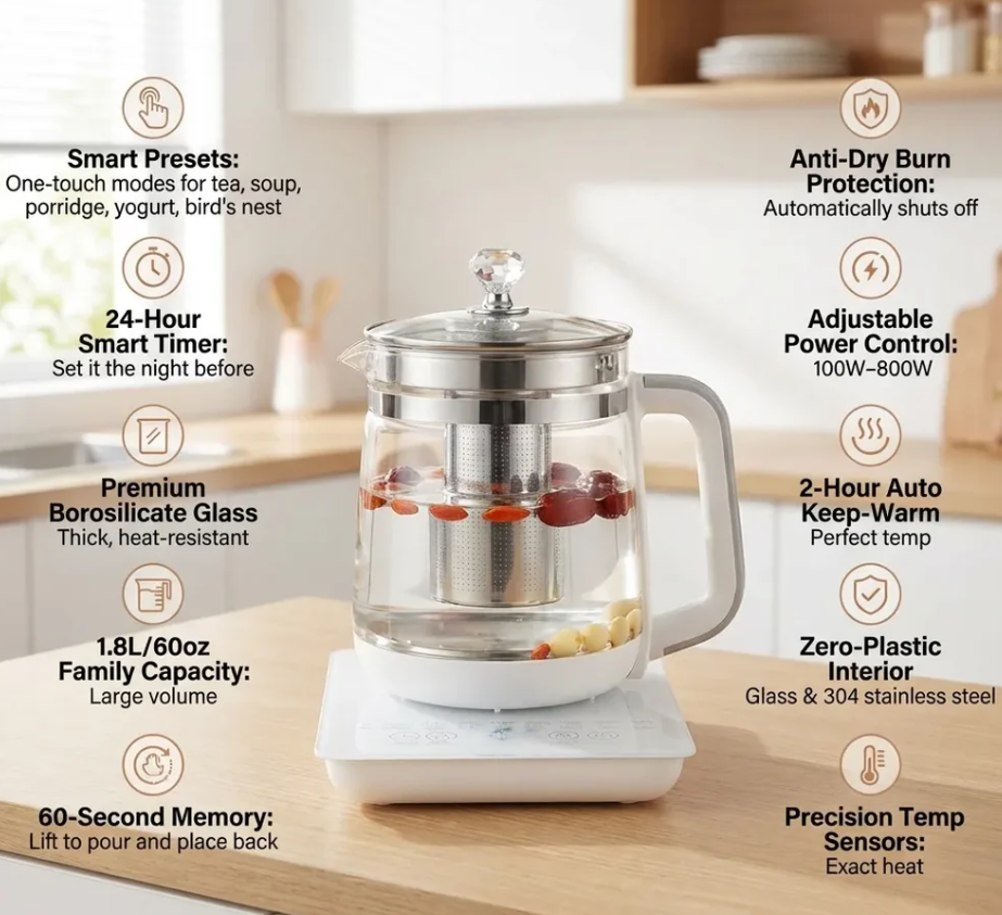 Electric Kettle, 1.8L/60.87oz Health Pot, 18 Functions, Glass Lid, Glass Kettle